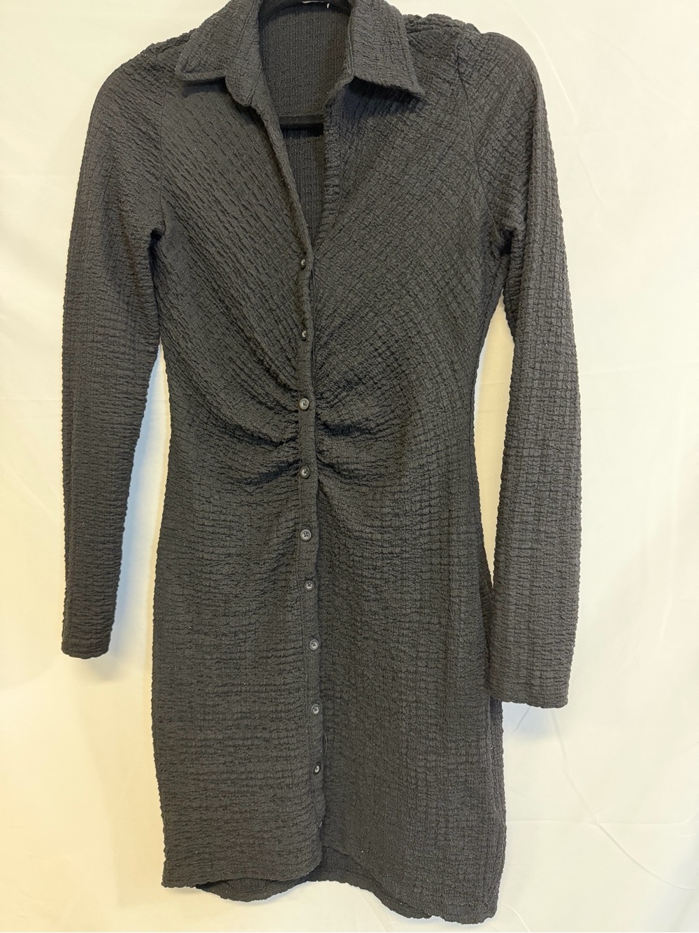 Primark Black Textured Knit Mini Dress Ruched Button Front Small